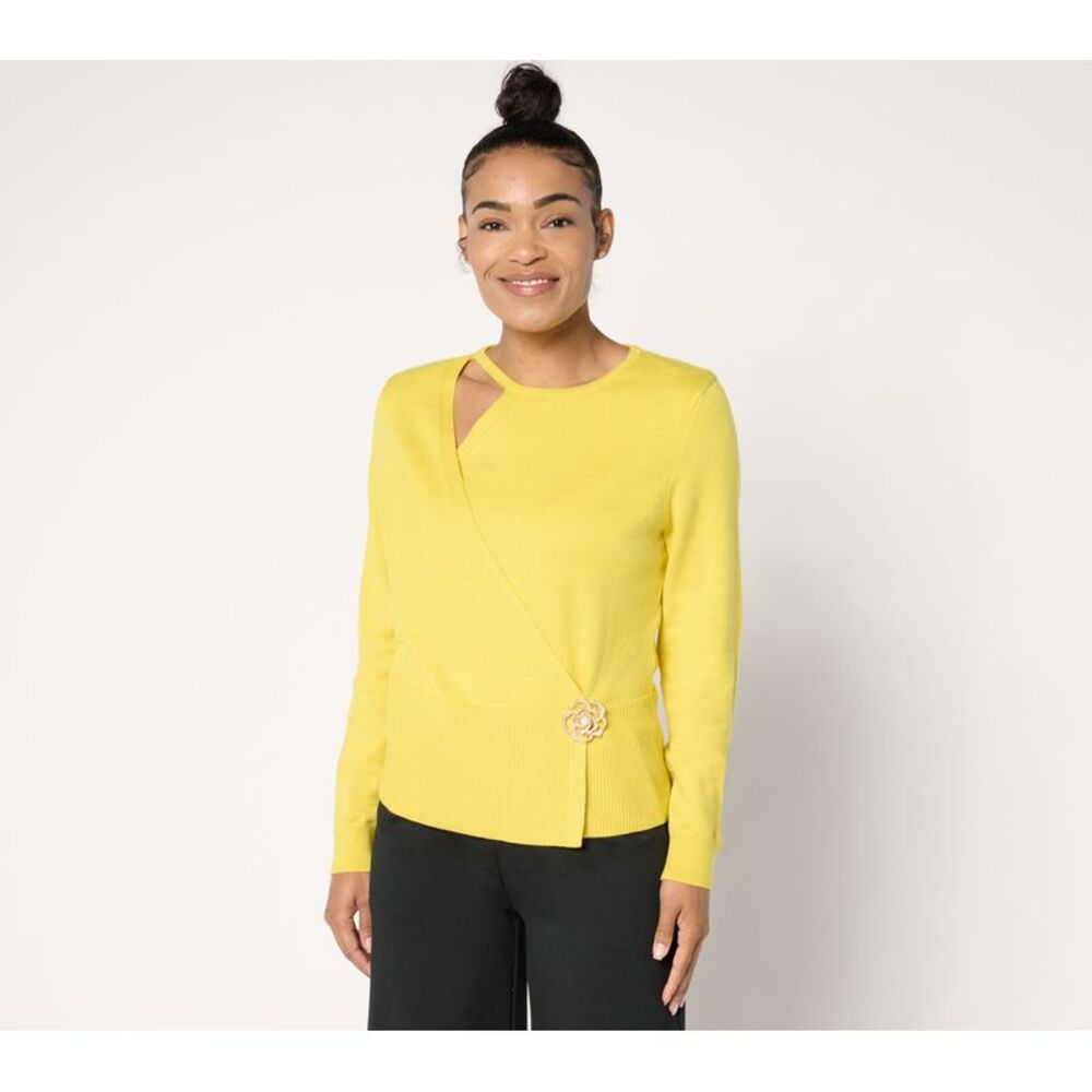 Wacoal Women's Top Plus Sz Sweater 3X Cut Out Rose Brooch Yellow A671311